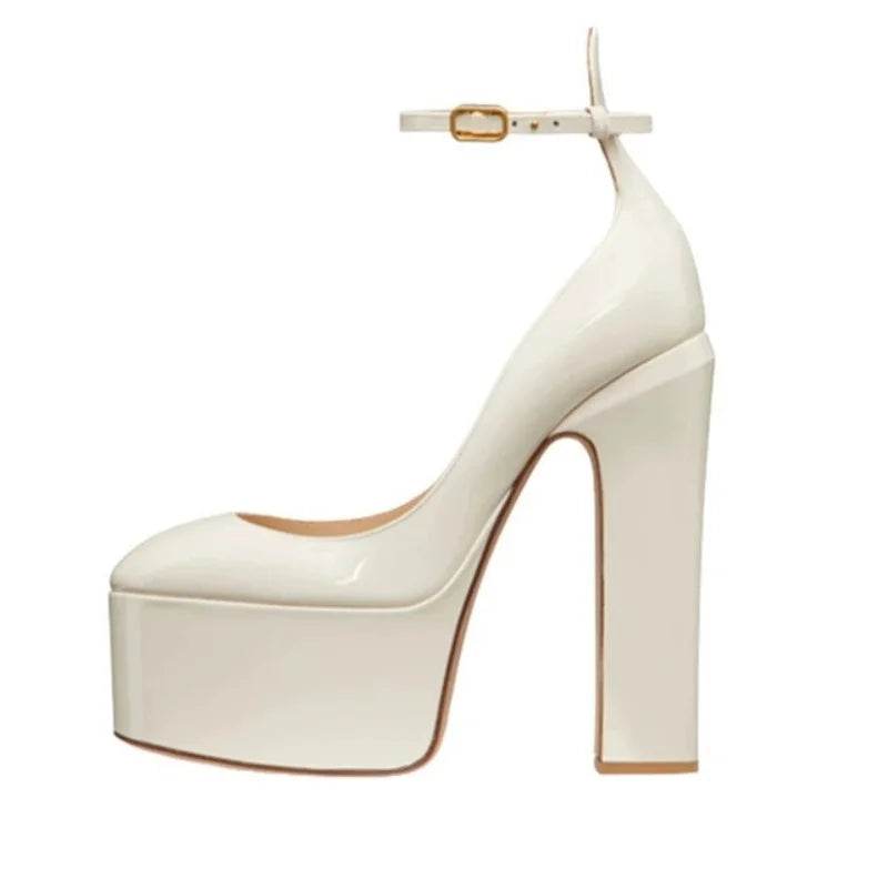 Patent Leather Platform Sandals Round Toe Ankle Buckle — Black | KIMLUD