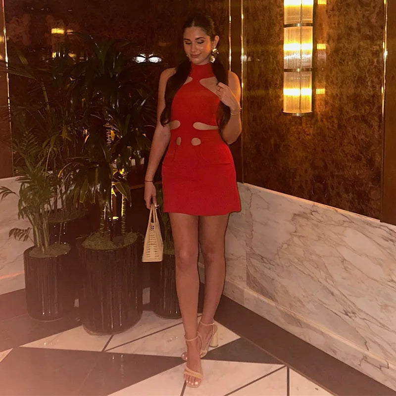 Elegant Halter Women's Dress Sleeveless Hollow Out Hip Package Lady Mini Dresses 2026 Spring Summer Chic Female Robe Holiday
