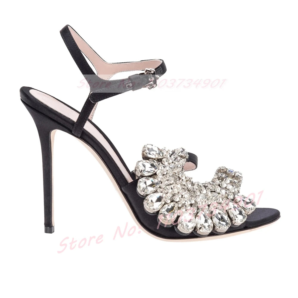 Crystal Flower Open Toe Ankle Strap High Heels — As Picture | KIMLUD
