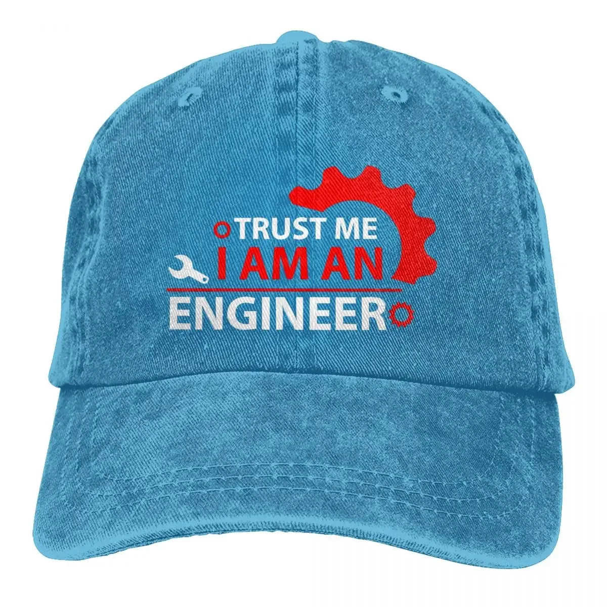 Washed Denim Trucker Cap With Bold Logo — Red | KIMLUD