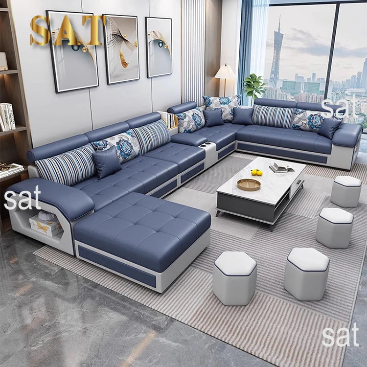 U-Shaped Fabric Sofa Set 7-Seater With Built-In Speakers — Cobalt Blue | KIMLUD