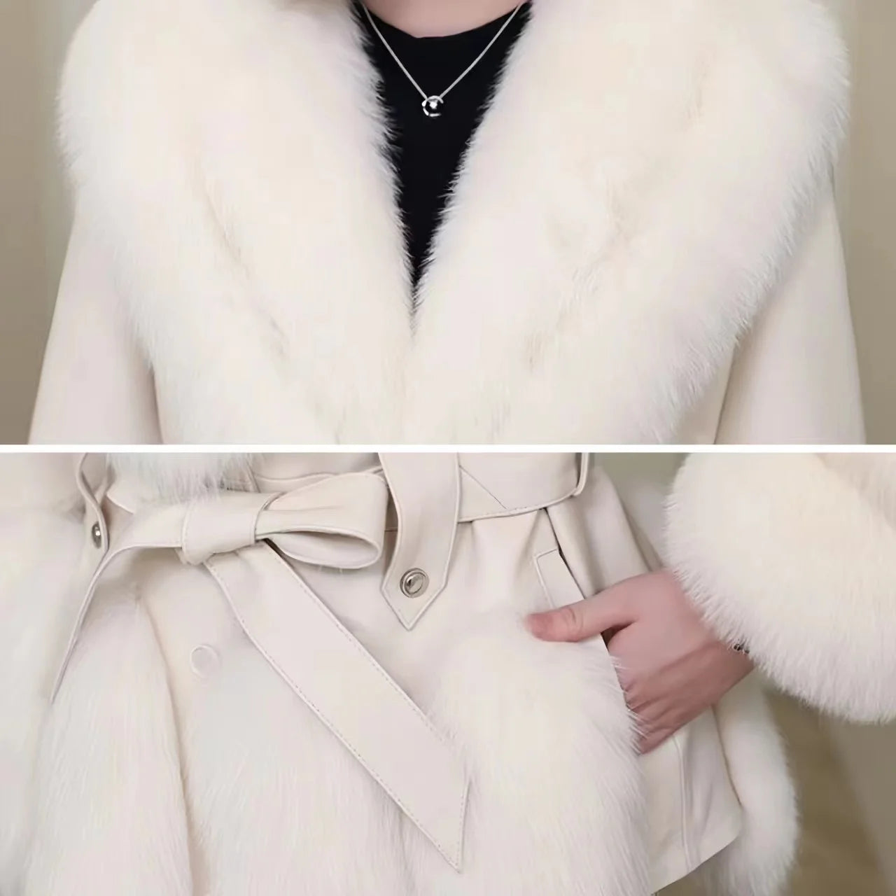 Faux Fur Coat for Women,Adjustable Waist Leather Jacket,Turn-down Collar, Thick Warm Clothes, High Quality, Autumn and Winter