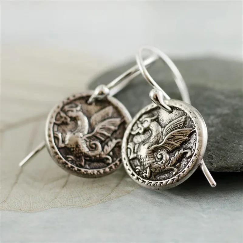 Vintage Hand Carved Flying Dragon Dangle Women's Earrings Silvery Color Metal Geometry Daily Wear Party Jewelry