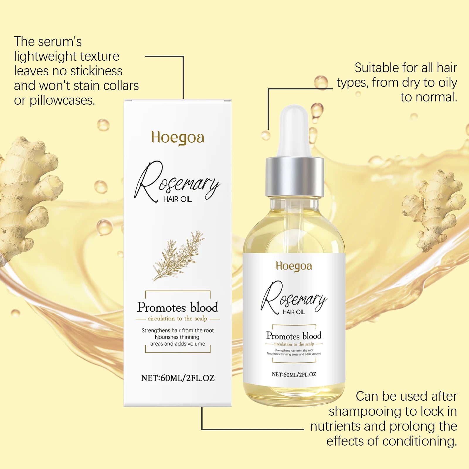 Rosemary Hair Oil 60ml Ginger Root Oil Scalp Treatment Hair Growth Frizz Control Shine Nourishing Split Ends Repair
