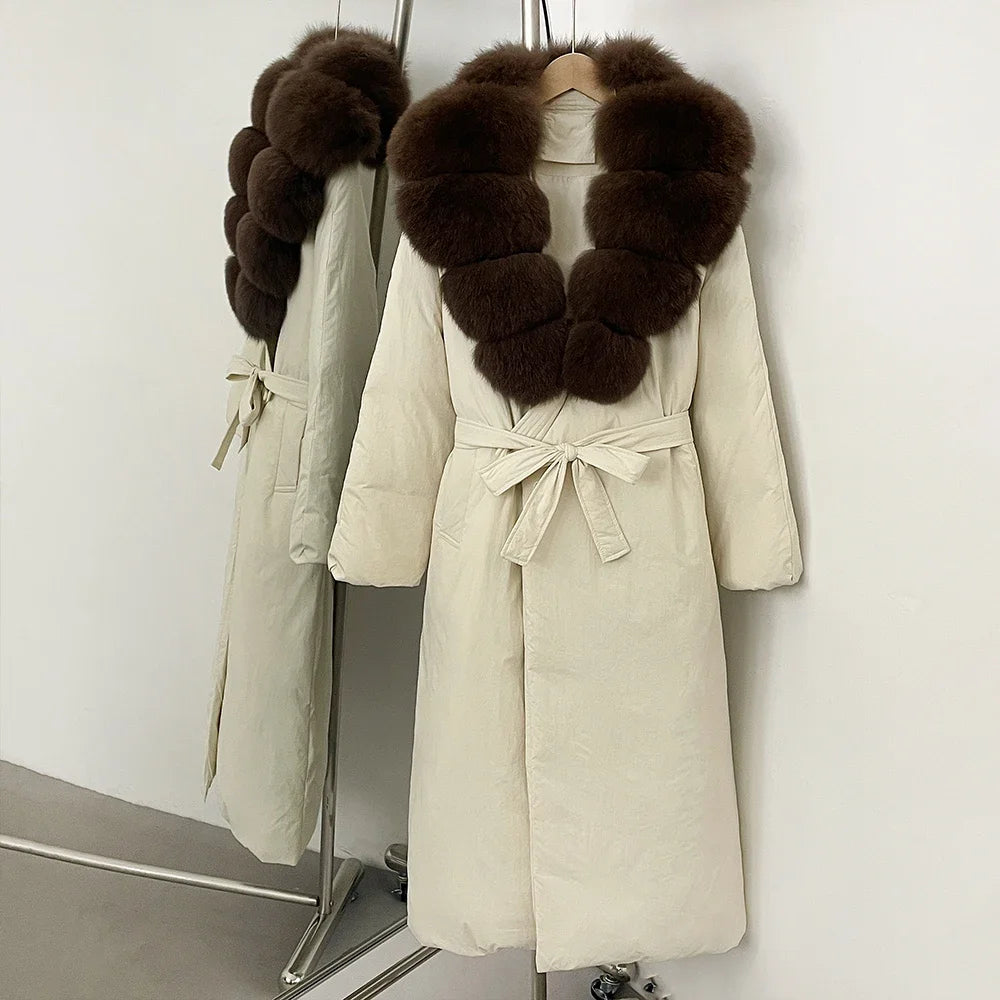 OFTBUY Long Puffer coat Real Fox Fur White Duck Down Coat New Winter Women Collar Fluffy  Jacket Female Thick Warm Reality Fur