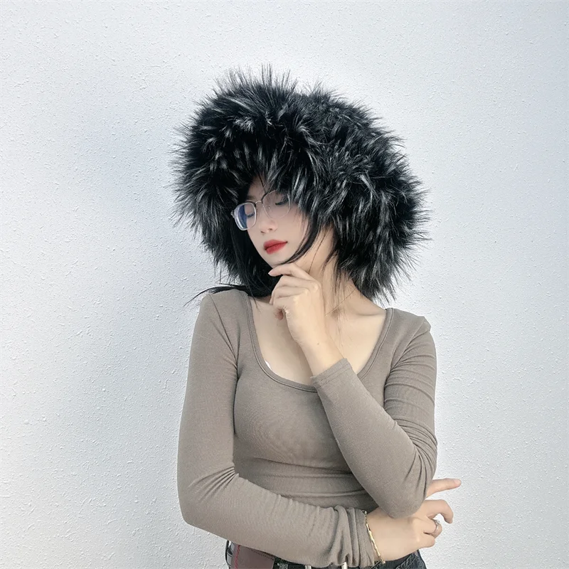 Winter Women Faux Fur Bucket Hat Warm Raccoon Fur Hat Oversize Outdoor Punk Hat Girl Fashion Long Fur Bucket Hat Furry Cute Cap - KIMLUD