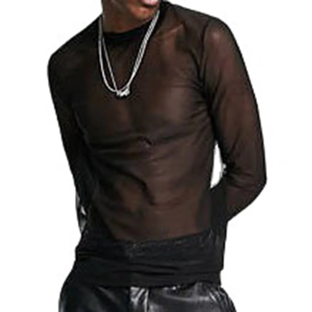 Transparent Mesh Long Sleeve Tee Muscle-Fit Silhouette With Sheer Detailing — Black | KIMLUD