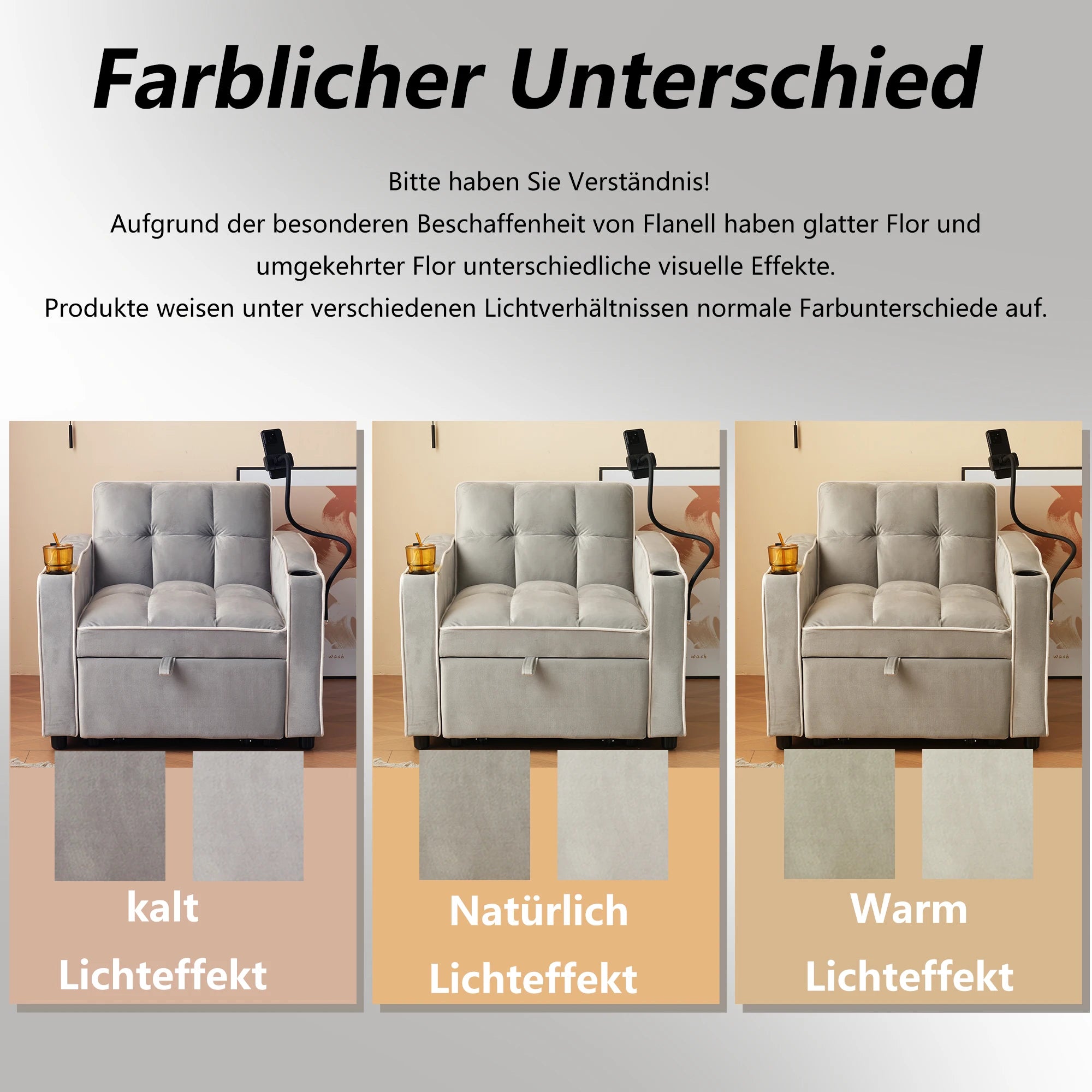 Convertible Sofa Bed 3-in-1 With Beverage Rack And Phone Holder — Soft Ash Gray | KIMLUD