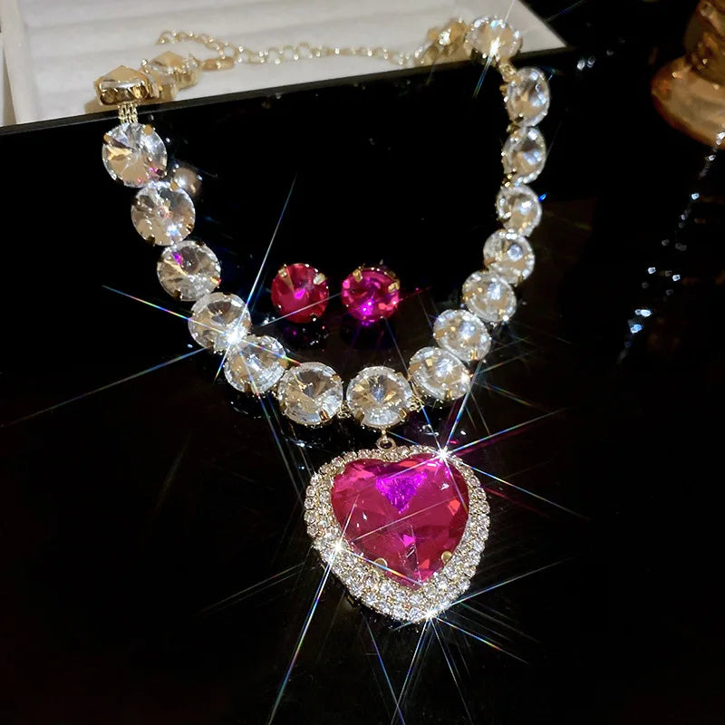 2 Pcs Rhinestone Heart Pendant Necklace Set Exaggerated Geometric Earring Light Luxury Temperament Fashion Women's Jewelry Sets