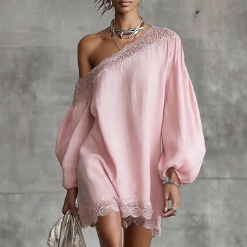 Polyester Lace Trim Off-Shoulder Mini Dress — Ivory | KIMLUD