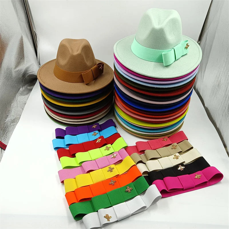 Low price wholesale Fedora hats Winter jazz monochrome bow elastic band men and women red jazz hats Fedora hats sombrero hombre - KIMLUD