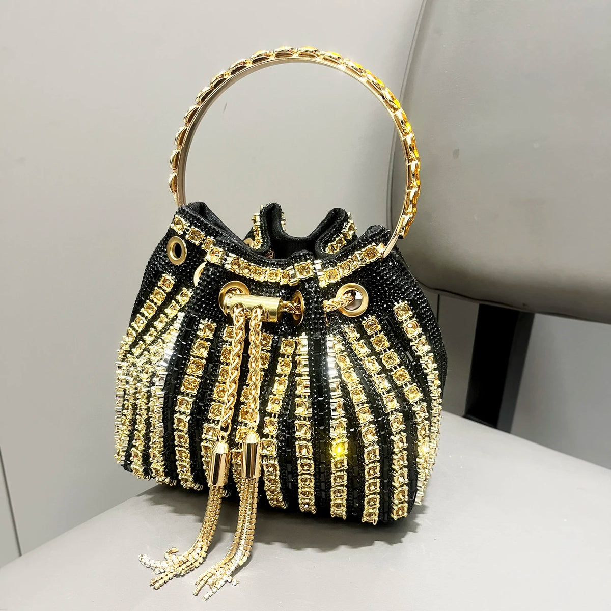 Bucket Bag – Crystal Rhinestone Accent – Polyester | KIMLUD