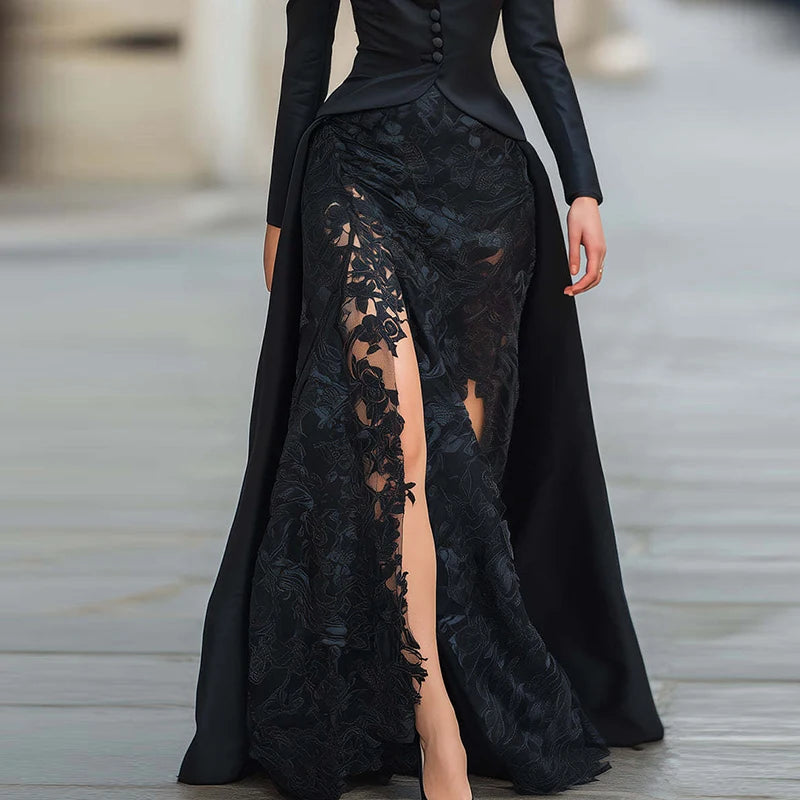 Brocade Lace Spliced Evening Suit — Black | KIMLUD