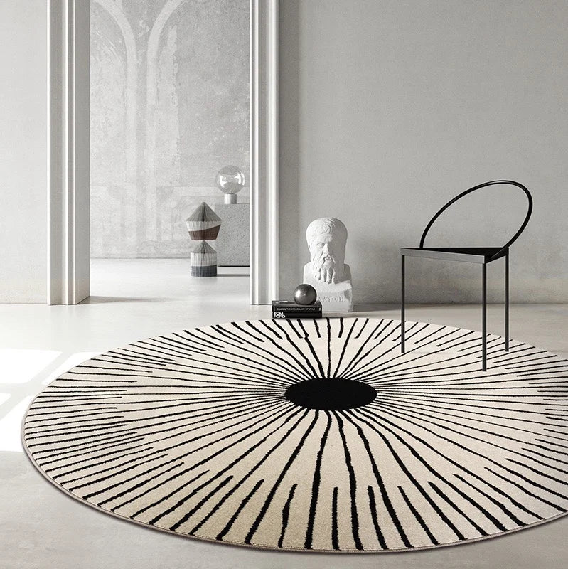 Fluffy/100% Polyester Round Rug with Stripe Wilton Design — White | KIMLUD
