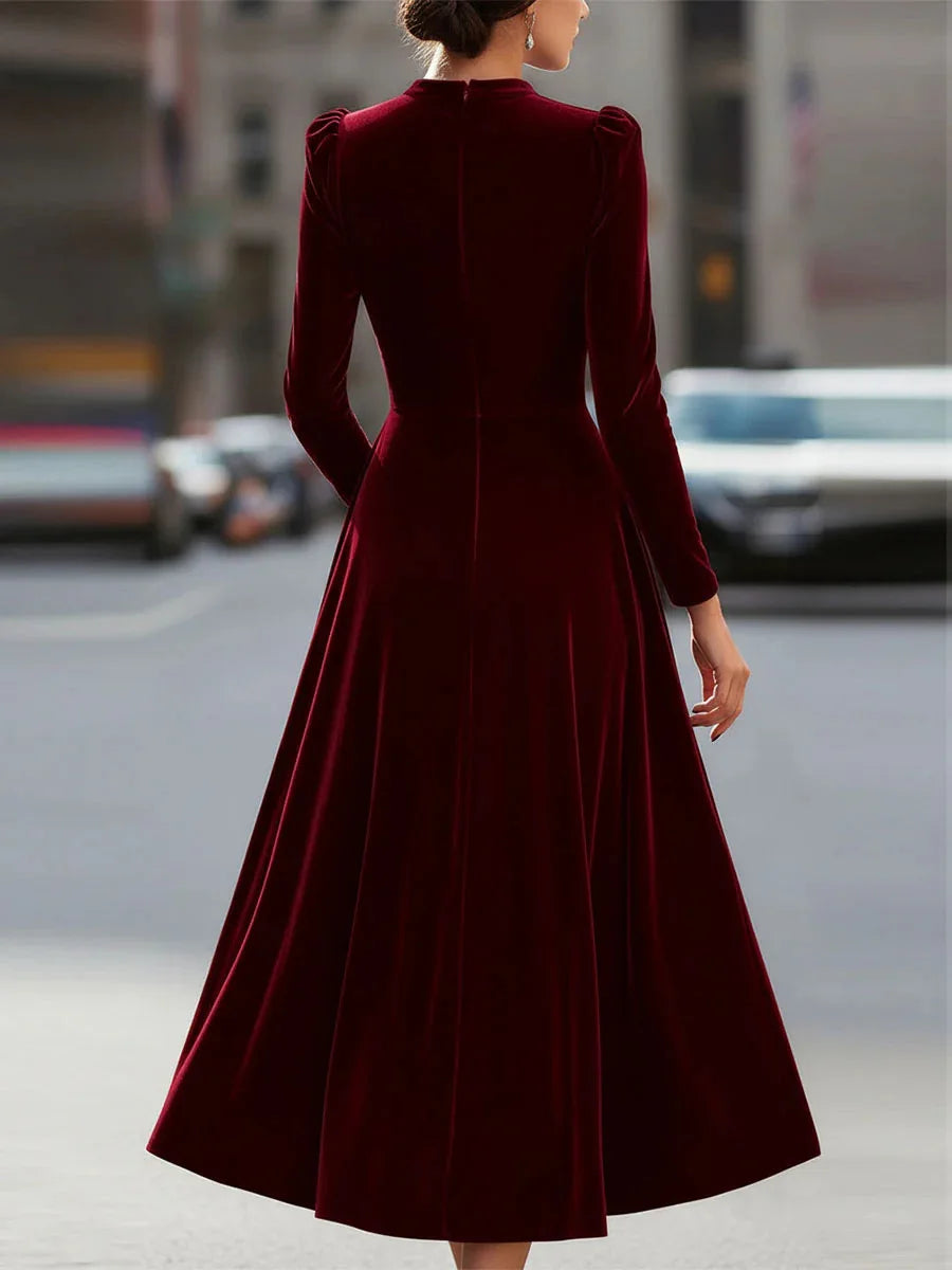 Velvet Dress Long Sleeve Round-Neck Midi — Navy | KIMLUD