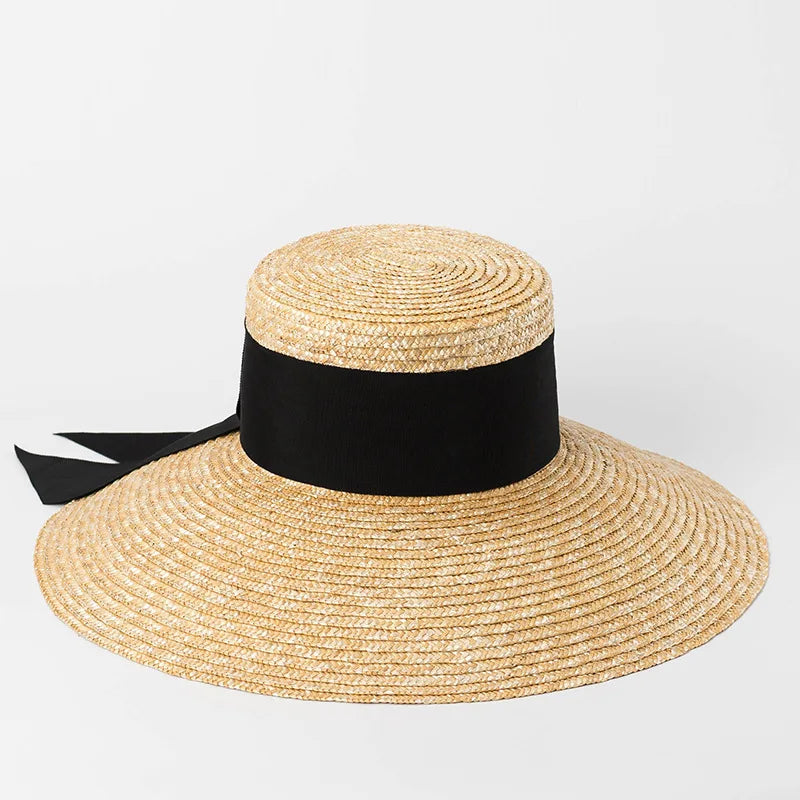 Summer straw hat French elegant seaside travel sun hat bow ribbon flat top large brim straw hat  hats for women
