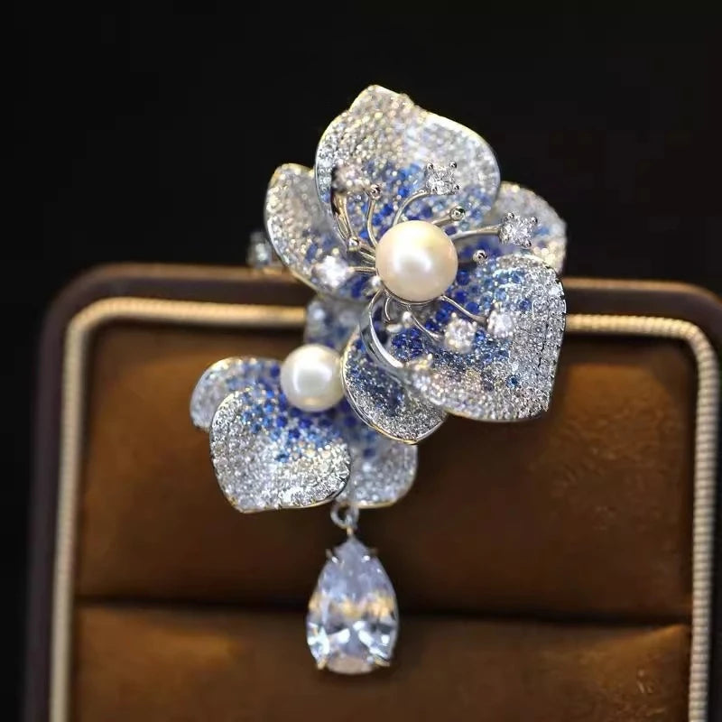 Crystal Zircon Pearl Brooch Flower Phalaenopsis — Blue | KIMLUD