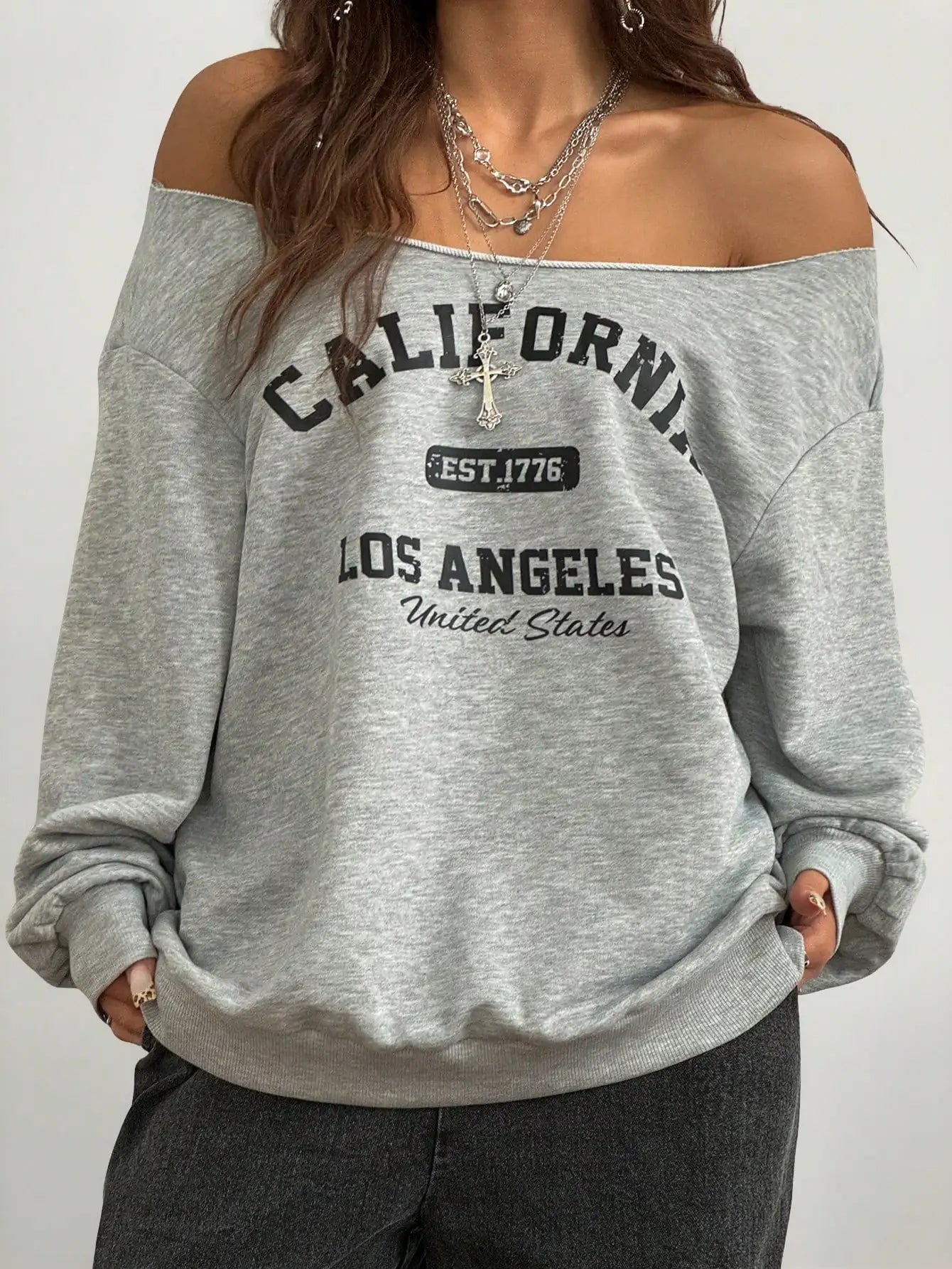 Single Shoulder Knit Top - Loose Long Sleeve - Grey | KIMLUD