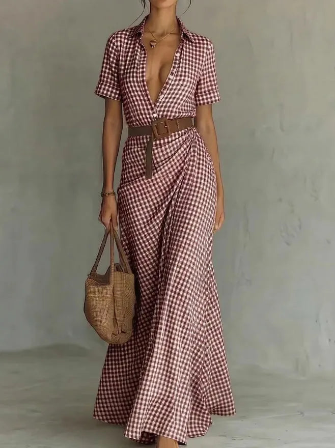 Polyester Blend Plaid Button Dress — Black | KIMLUD