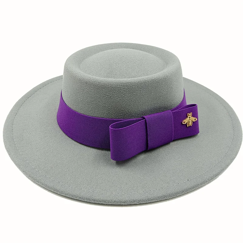 Wholesale Fedora hats Winter round concave convex surface flat top bow elastic ribbon men&#39;s and women&#39;s felt jazz hats Fedora - KIMLUD
