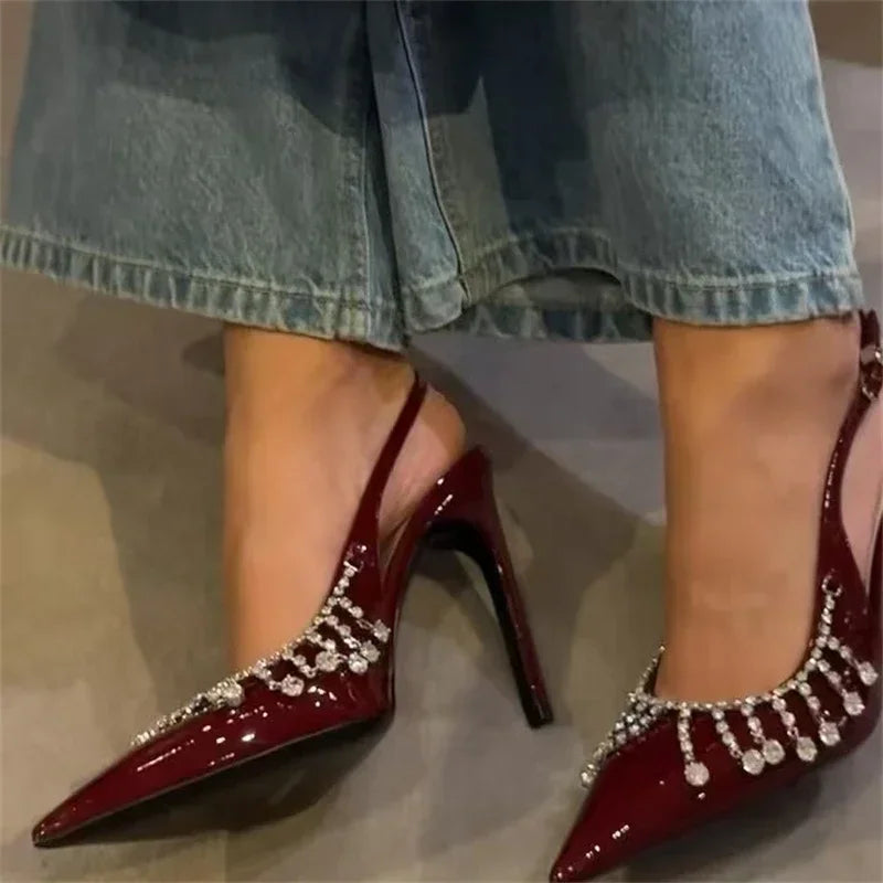 Pointed Toe Heels Patent Leather Rhinestone Buckle — Black | KIMLUD