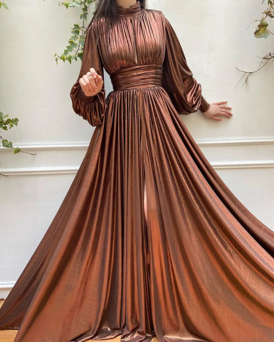 Satin-Effect Polyester Dress With Hanging-Neck — Avocado Green | KIMLUD