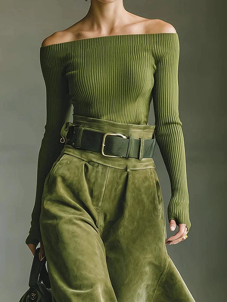 KIMLUD, Women's 2PCS Patchwork Outfit Long Sleeve Slash Neck Top with Maxi Skirts Autumn Winter Fashion Elegant Streetwear for Holiday, KIMLUD Womens Clothes