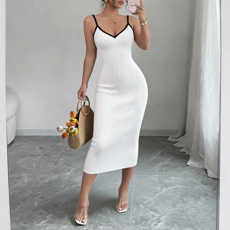 Knit Ribbed Midi Bodycon Dress For Summer — Pink | KIMLUD