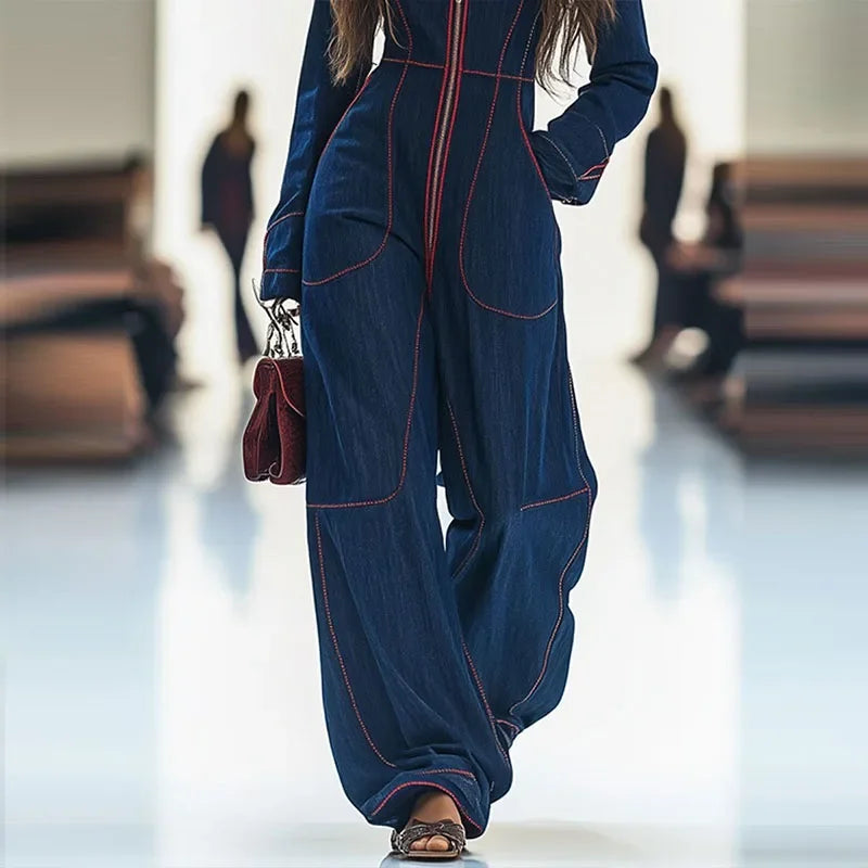 V-Neck Long Sleeve Cargo Jumpsuit Zipper Waist — Black | KIMLUD