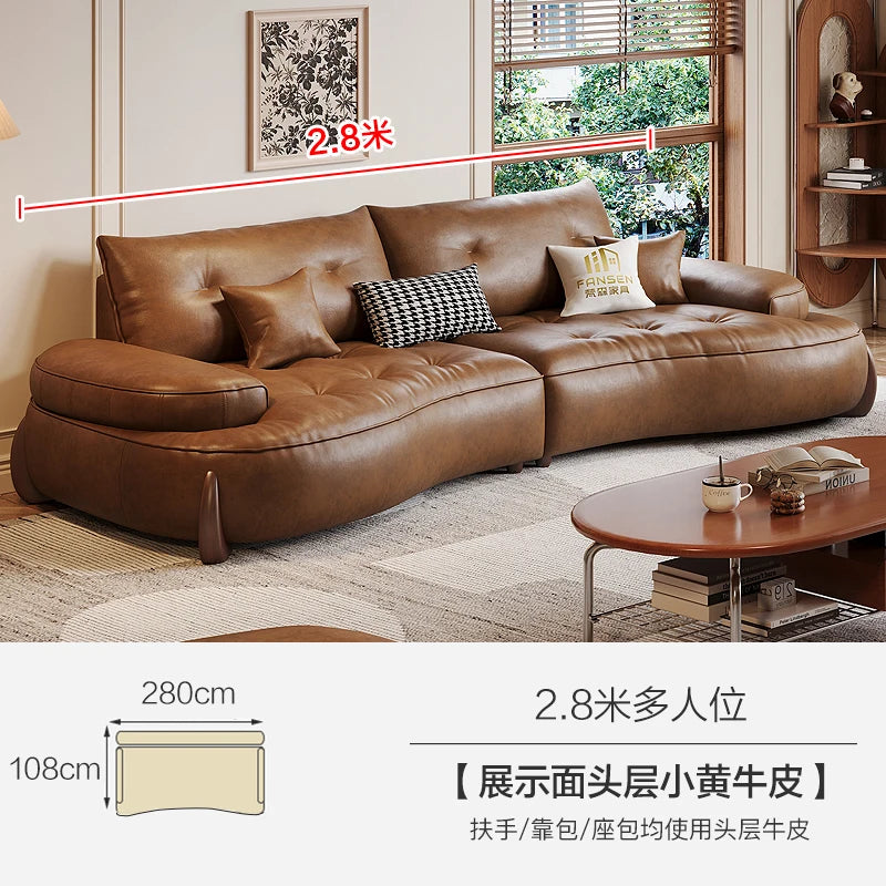 Leather U-Shape Sofa Pillowed Cushions — Caramel Brown | KIMLUD