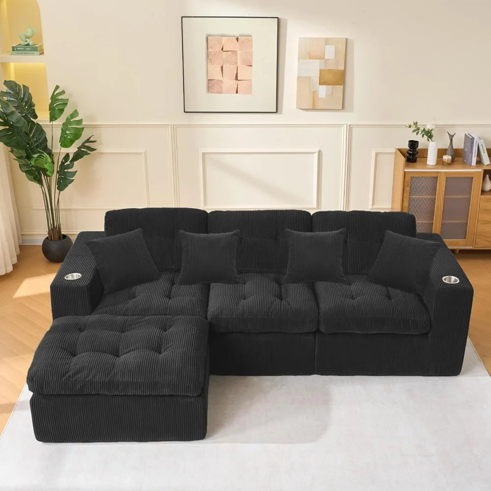 Cloud Velvet Sectional Sofa 105-Inch L-Shaped Three-Seater — Black | KIMLUD