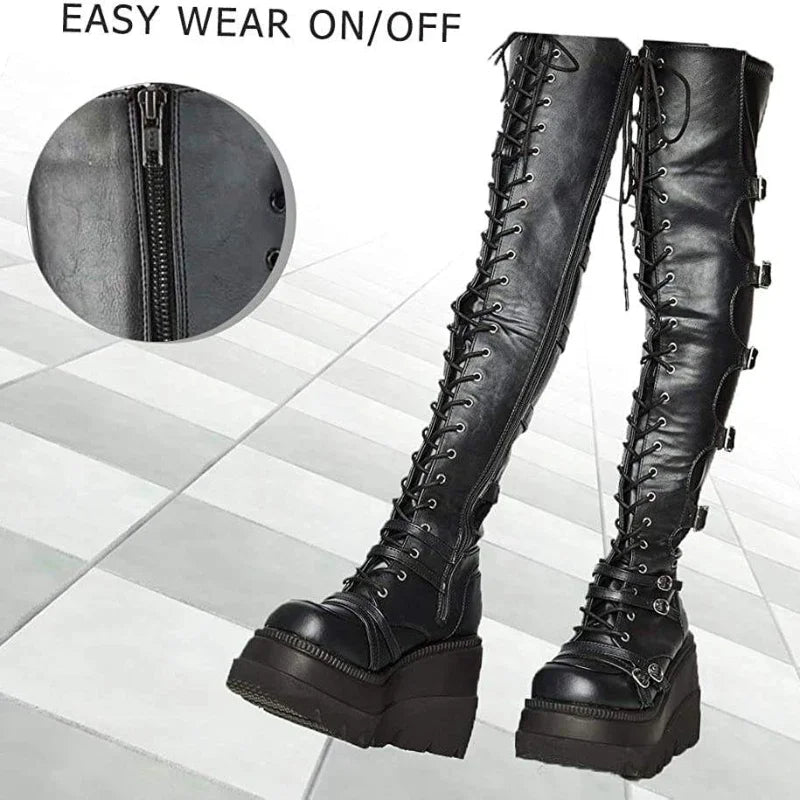 Over-the-Knee Boots – Gothic Wedge Platform – PU | KIMLUD