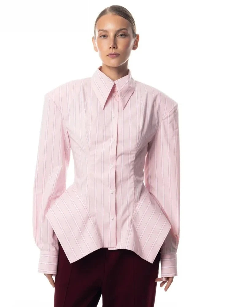 Collar Striped Shirt Asymmetrical Hem Cinched Waist — White | KIMLUD