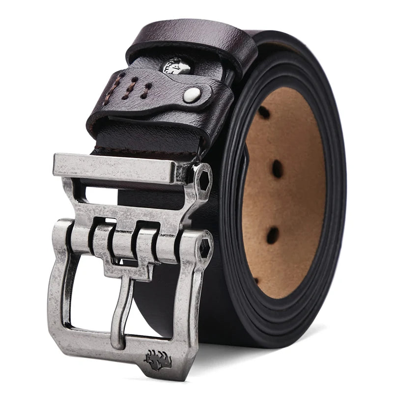Split Leather Belt Vintage Pin Buckle 3.8 Cm Wide For Men — Black Coffee | KIMLUD