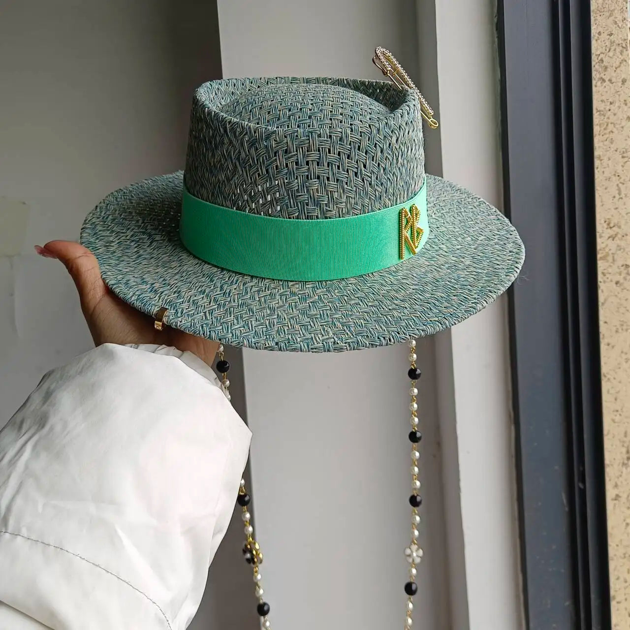 Chain Strap Straw Hat summer beach straw hat pearl Pork pie sun hat new  elastic ribbon hat 여름모자