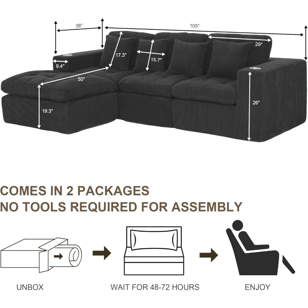 Cloud Velvet Sectional Sofa 105-Inch L-Shaped Three-Seater — Black | KIMLUD