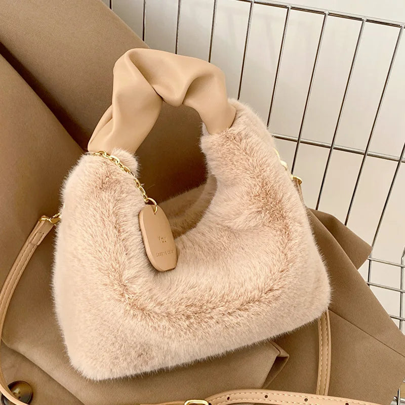 Plush Shoulder Bags For Femme Soft Winter Ladies Purse Handbag Cute Fashion Female Party Underarm Bag Travel Messenger Purse