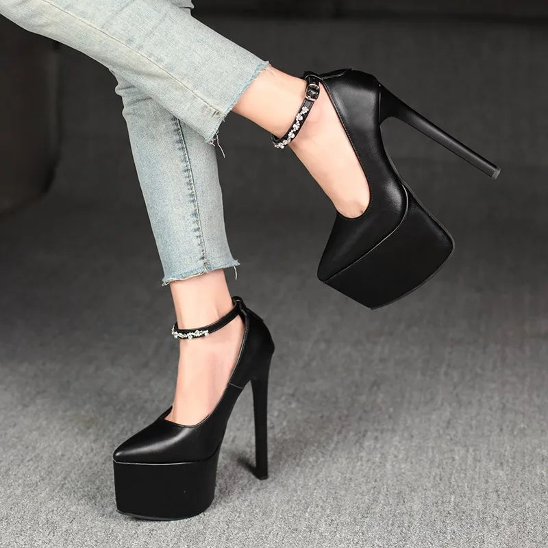 2026Stylish Rhinestone Straight Heel Single Shoes Stylish Pointed Toe Shallow Mouth Platform Heels