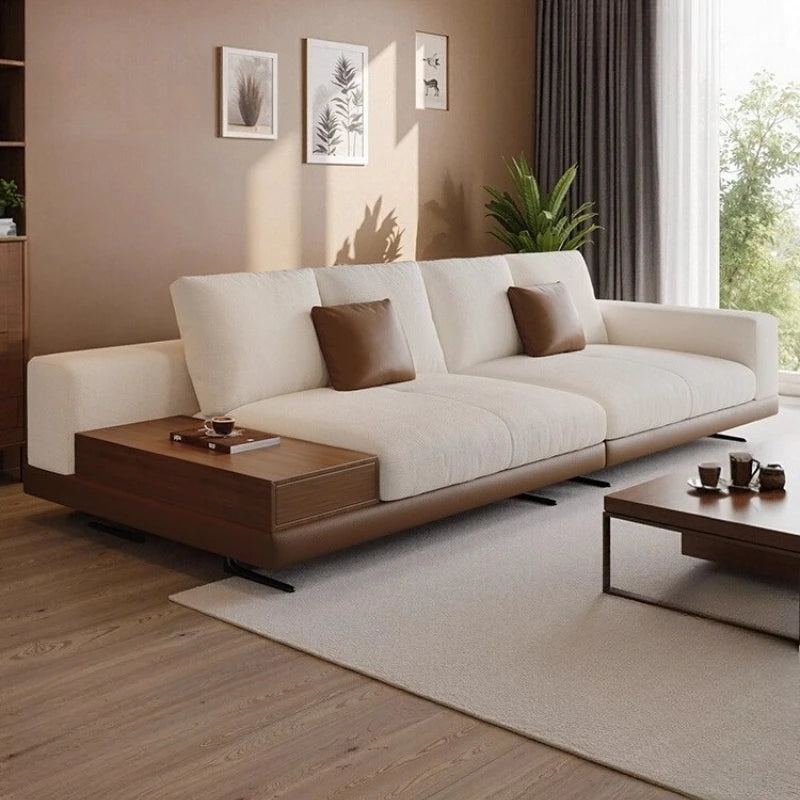 Linen-Cotton Minimalist Straight Sofa With Edge Table — Ivory | KIMLUD
