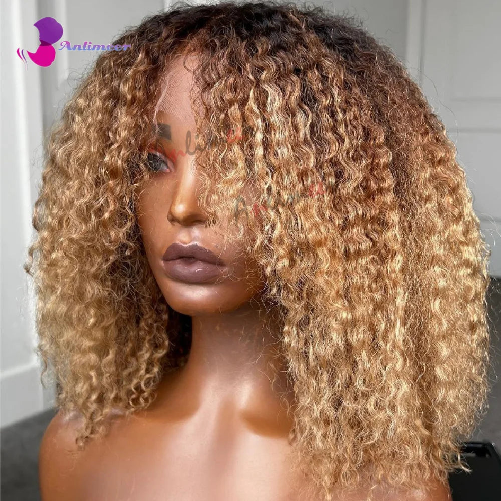 Curly Afro Wig Hair Wigs Human Hair — Black Roots Honey Blonde | KIMLUD