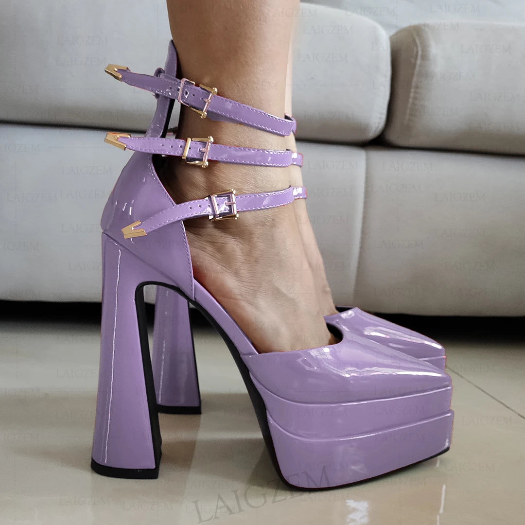 LAIGZEM Women Pumps Pointed Toe Shiny Buckle Straps 14.5CM Thick High Heels Sandals Cosplay Ladies Shoes Woman Big Size 35 41 43
