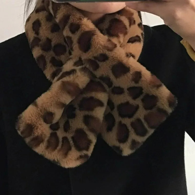 KIMLUD, Winter Leopard Faux Rabbit Fur Scarf Women Girls Scarf Soft Plush Scarves Solid Color Neck Collar Warmer Stuff Christma Gift, KIMLUD Womens Clothes