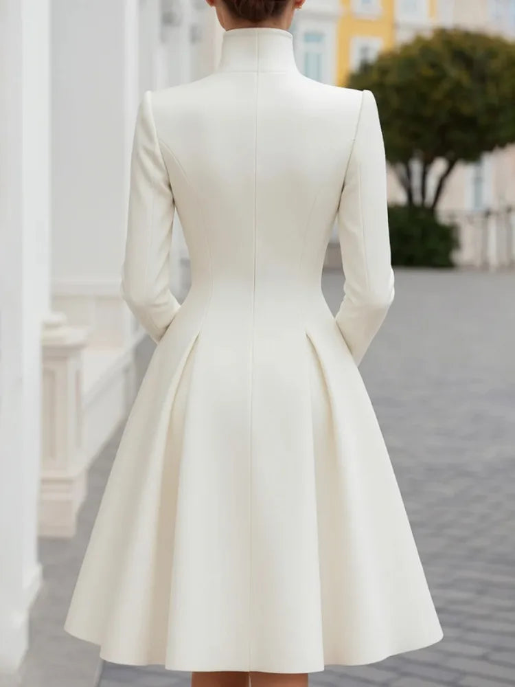 Double Breasted Stand Collar Overcoat Dress – Polyester Midi | KIMLUD