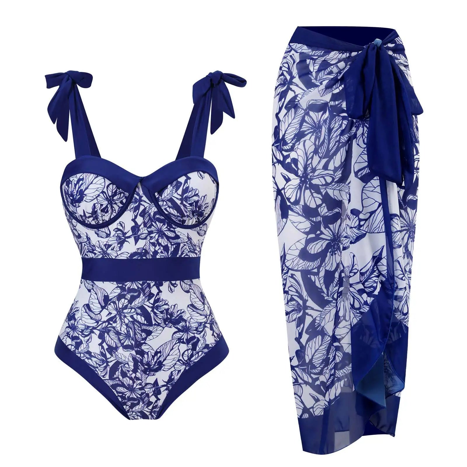 Halter Floral One Piece Swimsuit Skirt — Green | KIMLUD