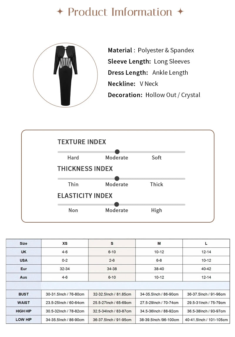 VC Elegant Black Diamond Maxi Evening Dress with Mesh Corset Waist and Jewel Detail – Long Sleeve Formal Evening Gown