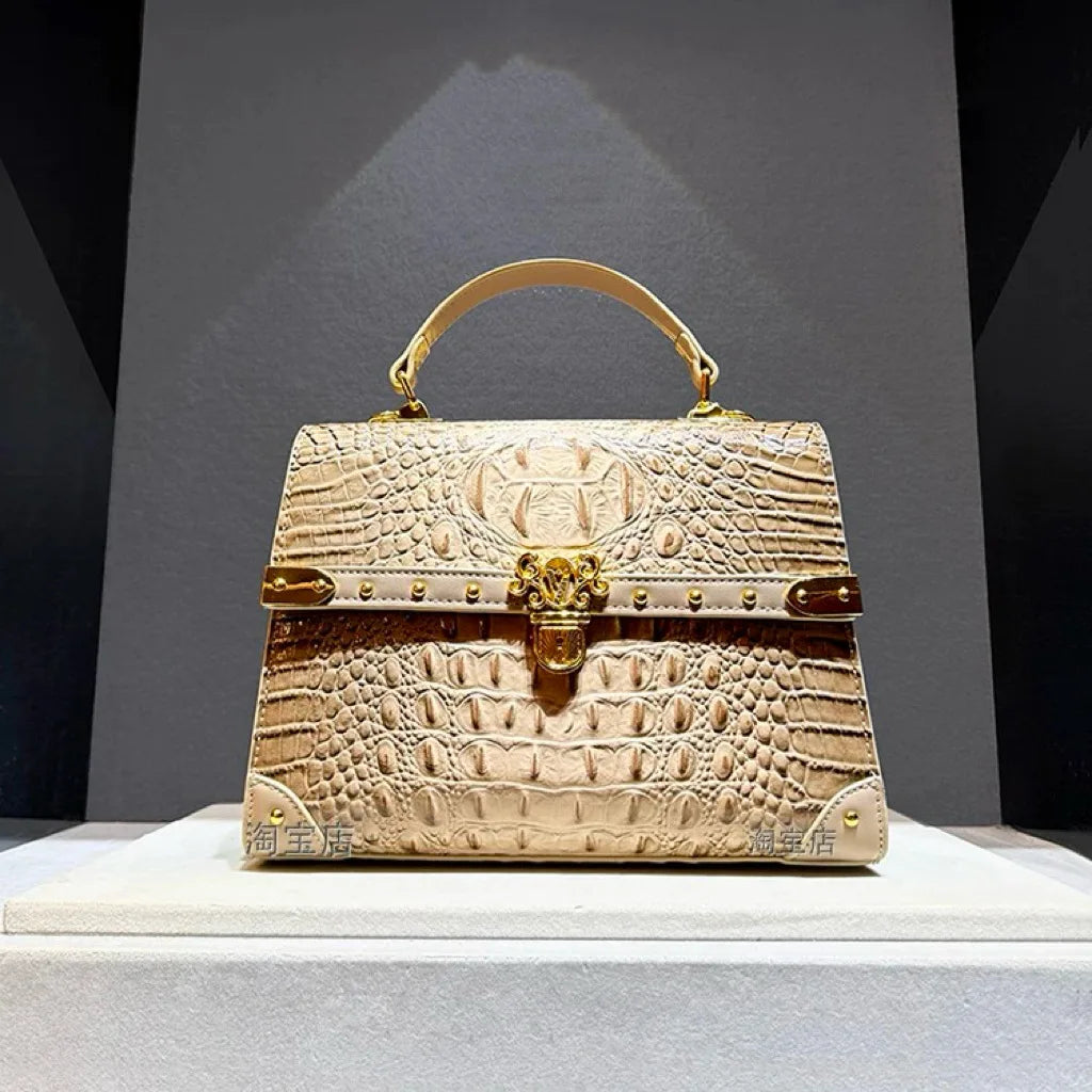 Leather Crocodile Print Crossbody Bag — Black | KIMLUD