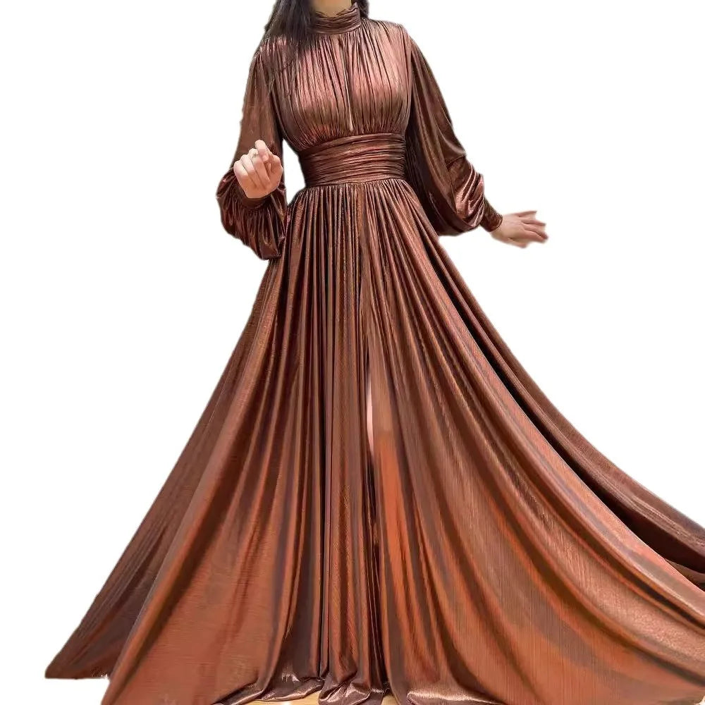 Satin-Effect Polyester Dress With Hanging-Neck — Avocado Green | KIMLUD