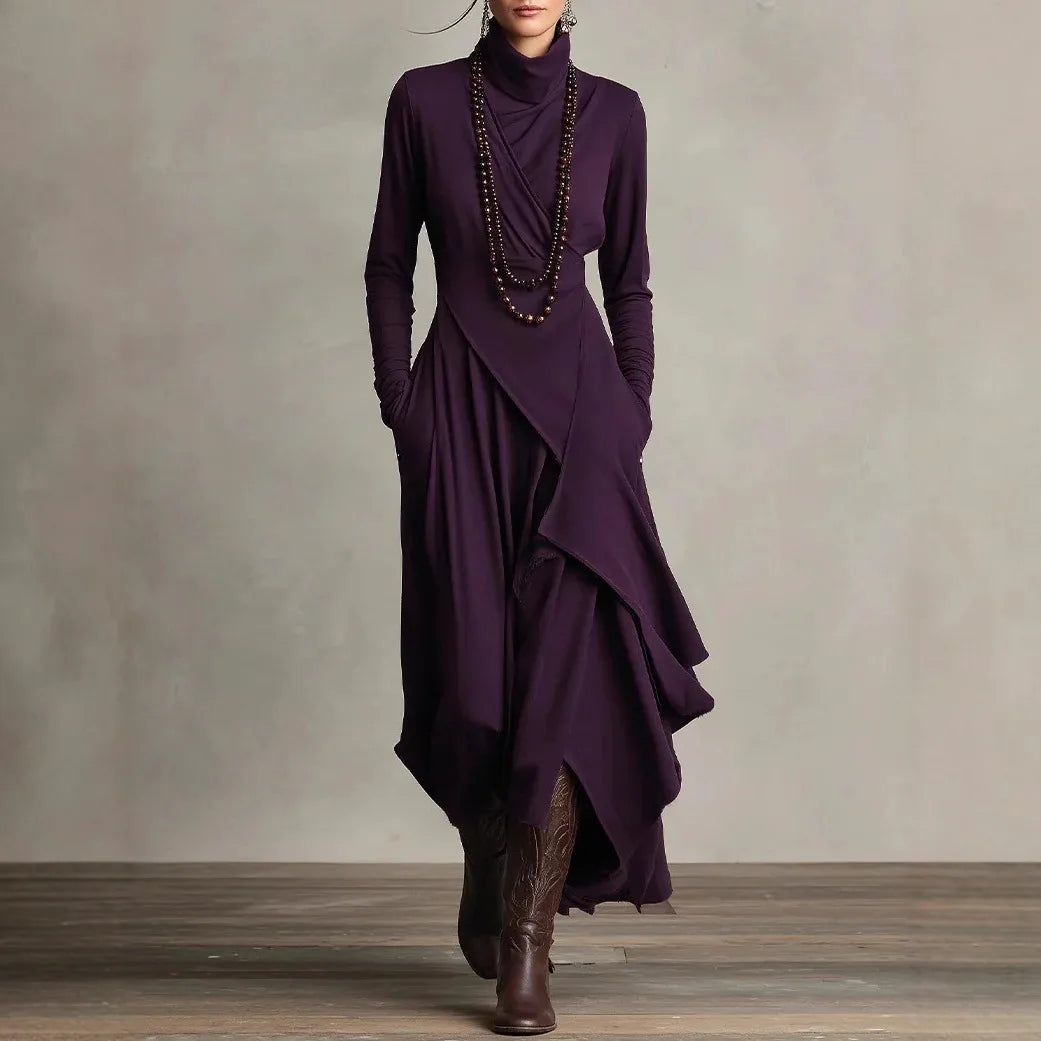 Dresses Cross Turtleneck A-Line Slim Fit — Solid Color | KIMLUD