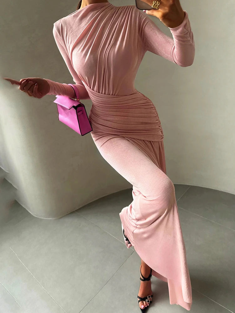 Kliou Ruched Elegant Long Dress Woman Autumn Trend o-Neck Full Sleeve Skinny Stretch Street Y2K Casual Style Classic Vestidos