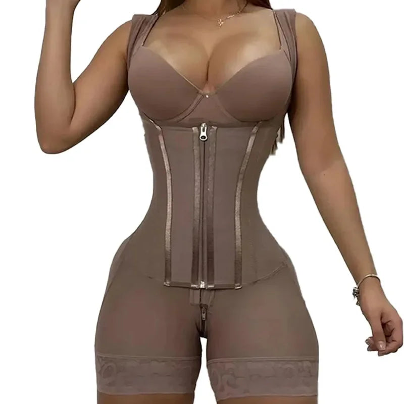 High-Compression Full Body Shaper Bodysuit With Double Tummy Control Open Crotch — Taupe | KIMLUD
